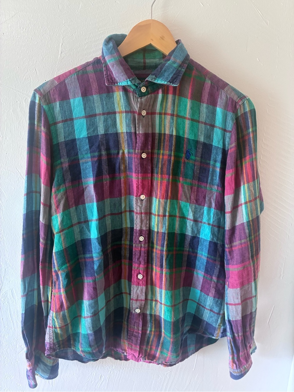 Polo Ralph Lauren 100% linen plaid Button-Up Shirt Mens Large Blue/Green/Purple